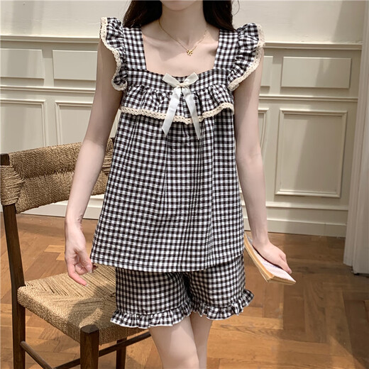 Modal pajamas with breast pad for women in summer 2025 new suspender sweet princess home clothing set for outdoor wear in summer 449_9905# small flying sleeve skirt black and white plaid with breast pad M