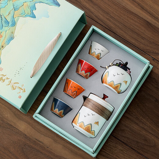 Forbidden City Cultural and Creative Mid-Autumn Festival and National Day Festival Souvenirs Tea Sets Housewarming Business Gift Sets for Foreigners Gifts from Thousand Miles of Rivers and Mountains (4 Colors)