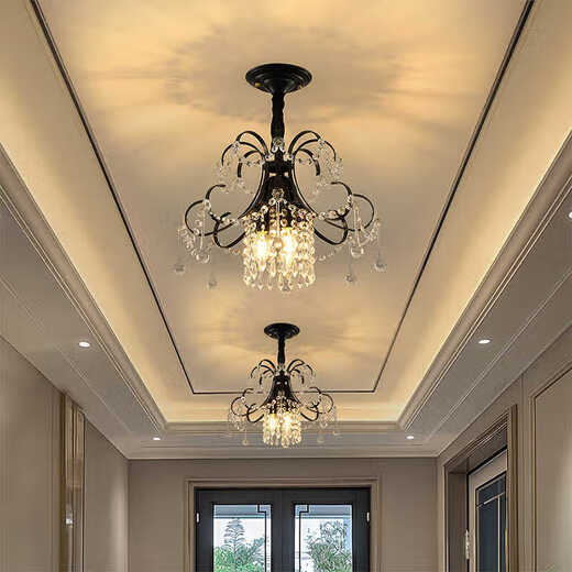 XMSJ European crystal small chandeliers American light luxury aisle light corridor balcony lamp entrance staircase cloakroom lamp hallway lamp foyer lamp 9885 black large suction + three-color light bulb