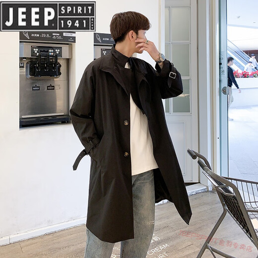 JEEP SPIRIT windbreaker jacket men's mid-length simple 2025 spring and autumn loose trend hooded handsome temperament casual coat black black cotton S suitable for weight 95-125Jin Jin is equal to 0.5 kg