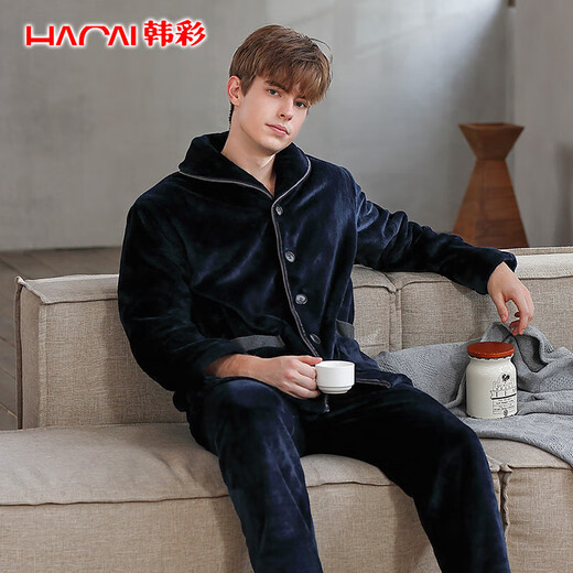 Hancai Pajamas Men's Flannel Autumn and Winter Plus Velvet Thickened Cardigan Couple Coral Velvet Men's Home Clothing Set Black Zhangqing 2XL
