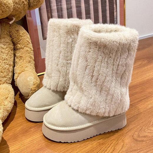 FSAT厚底雪地靴女2026冬季加绒加厚保暖中筒东北棉鞋女短靴子人造短毛 米色 加绒 35 标准尺码