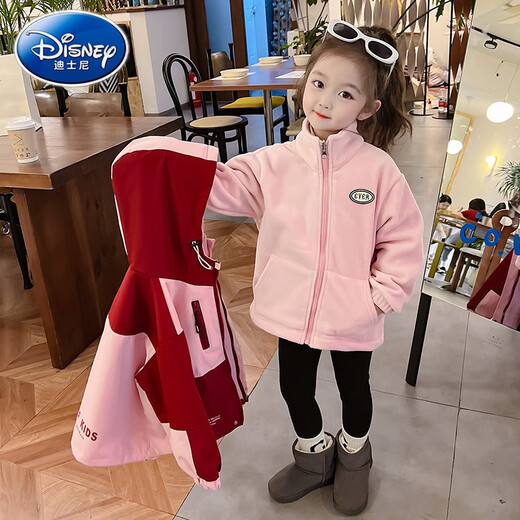 Джадка Disney Girls 'Three-в одном съемный 2024 Новые утолщенные топы для девочек Осенняя детская осенняя куртка Purple 130 см.