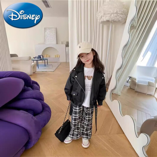 Disney (Disney) Girls Leather Jacket 2024 Autumn New Children's Style Korean Style Baby Motorcycle Jacket Spring and Autumn Jacket Top Black Motorcycle Lapel Leather Jacket 90 Tag 90 Suitable for 90cm