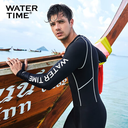 WATERTIME wetsuit, men's jellyfish suit, snorkeling suit, sun protection, waterproof, cold-proof one-piece long-sleeved swimsuit, swimming and surfing equipment, black M (height 165-170, weight 55-60kg)