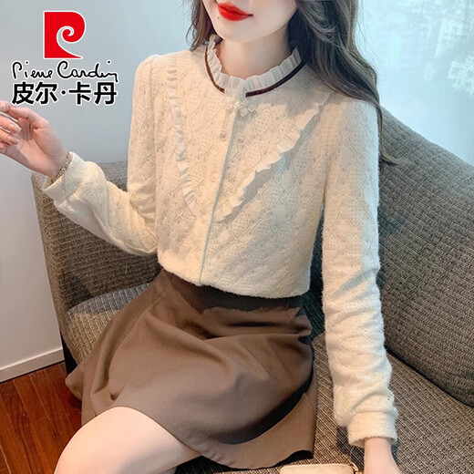 Pierre Cardin (Pierre Cardin) French long*sleeve lace bottoming shirt for women in autumn 2025 early autumn new loose western style shirt with apricot plus velvet 2XL 126-140Jin Jin is equal to 0.5 kg