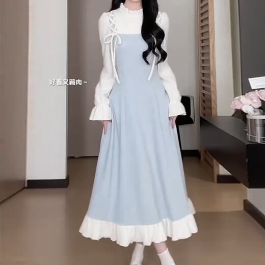 Emai Matsumoto fungus fake two-piece knitted dress for women spring new inner bottoming long skirt spring mourning long dress M 95-105Jin Jin is equal to 0.5 kg