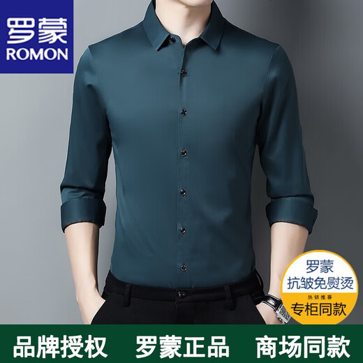 罗蒙长袖衬衫男秋冬季男士衬衣无痕中青年春秋高档免烫上衣商务弹力 上青色 XL（125斤-140斤）