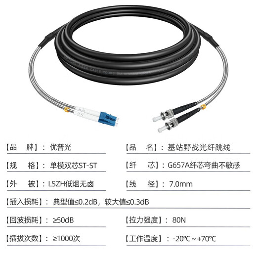 优普光 电信级野战光缆单模双芯lc-lc-sc-fc-st光纤跳线分支铠装室外光纤线 拉远铁塔基站通信尾缆 野战单模双芯LC-ST 10米