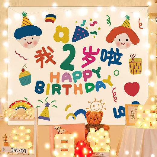 Yudou ins style birthday background cloth internet celebrity photo tapestry children's male and female baby birthday bedroom decoration hanging cloth party SR-Happy Birthday 1.5m*1.3m (installation package)
