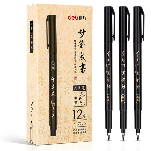 Deli (deli) black medium regular script fine pen beautiful pen calligraphy practice pen soft pen signature student adult calligraphy practice pen school gift 12 pieces/box school stationery