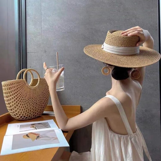 欧品朵法式草编礼帽网红凹顶时尚宽檐遮阳帽女春夏季度假旅行沙滩英伦复 卡其黑带