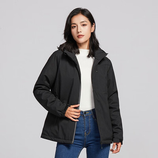 Woodpecker (TUCANO) plus velvet integrated jacket for women, single-layer outdoor autumn and winter mountaineering jacket jacket warm soft shell windbreaker 9930S obsidian black-women [solid color] 2XL