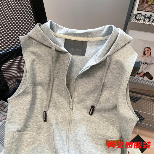 范哲莎春季上新无袖马甲卫衣女连帽开衫外套韩版感拉链坎肩小众上衣 841灰色立瓴马夹 S 160