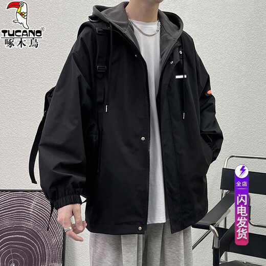 Woodpecker Jacket Men's Spring and Autumn Trendy Fake Two-Piece Hooded Jacket Men's Loose Jacket Workwear Cotton Clothes Warm Black XL (Recommended 125-150 Jin Jin equals 0.5 kg)