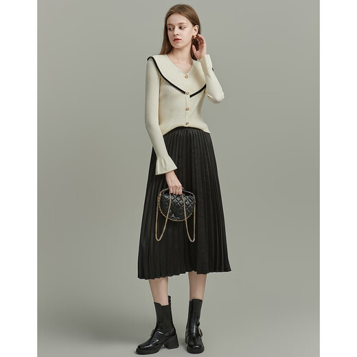 Demana French style winter V-neck velvet yarn ruffles contrasting color cardigan fungus edge knitted sweater women's top