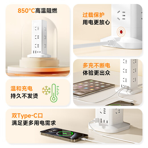 Tingsheng enchufe vertical/regleta de enchufes/regleta de enchufes/placa de enchufe/tablero de terminales/tablero de línea de tracción/control maestro 1,8 metros protección contra sobrecarga Conector de CA de 12 bits 2USB-A+2TYPE-C