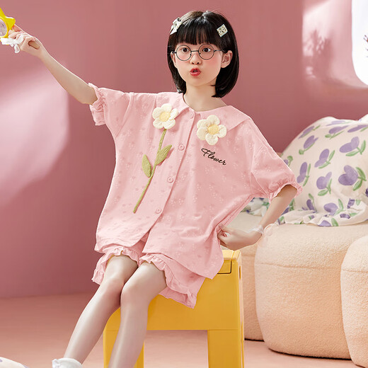 曼妮朵女童睡衣夏季纯棉小女孩新款儿童家居服宝宝开衫短袖短裤套装薄款 B4877绿【双短】 120cm 12码建议115-125cm