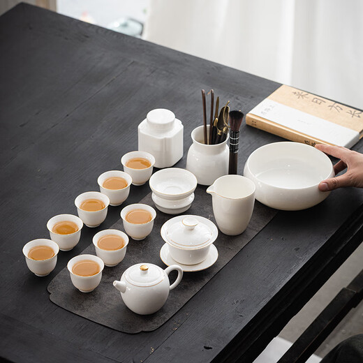 Ice type mutton-fat jade covered bowl Fengming pot Kung Fu tea set home office white porcelain business event gift 11-head Fengming pot mutton-fat jade