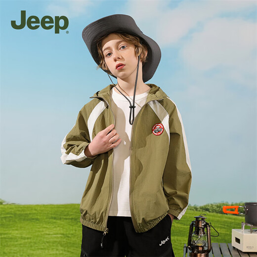 Jeep children's clothing children's sun protection clothing for boys and girls outdoor tops 2025 new style breathable and cool thin jacket for middle and large children, light military green 160 cm