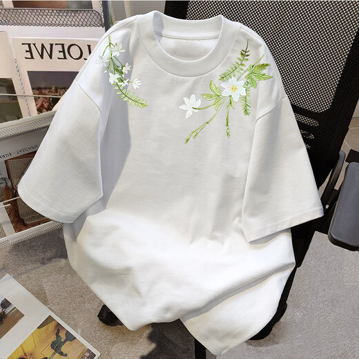 Su Yu 100% pure cotton American new Chinese style floral garland short-sleeved T-shirt for women summer loose trendy brand top half-sleeved men's 220g - black M recommended 95-110Jin Jin is equal to 0.5 kg