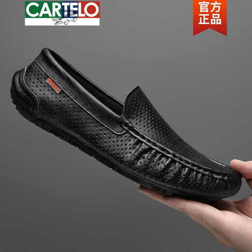 Cartelo High-End-Marke Lederschuhe für Männer echtes Leder Sommer Hollow Bohnenschuhe für Männer lässig Soft Soft Soft Leder ein Fuß faule Schuhe 9901 Black Hollow 38