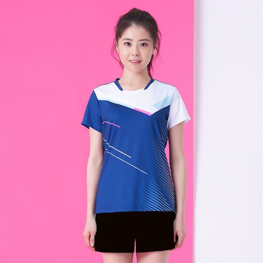 斯塔弗羽毛球服男女排球短袖套装运动服训练服球衣速干透气网球乒乓球服 SSW-3923蓝粉色女+3668白短裤 M码