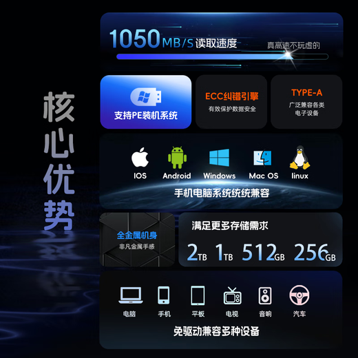 兰科芯超极速固态双接口U盘读速高达1050MB/S USB3.2/Type-C手机电脑两用大容量优盘 双接口超极速固态读1050M/S写970M/S 256GB