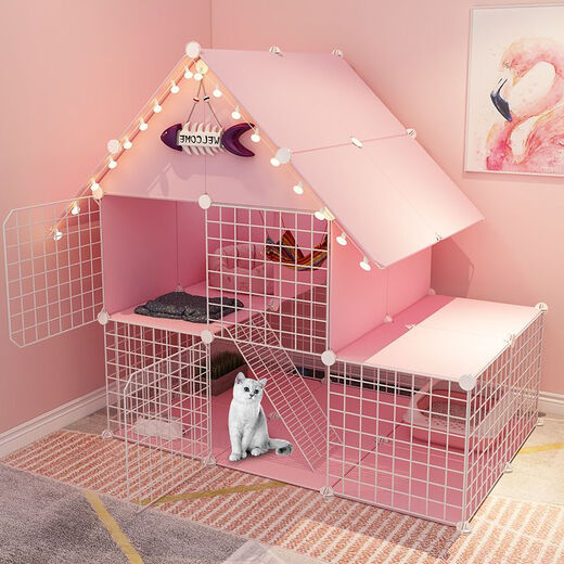Cat Cage Home Indoor Cat Villa with Toilet Clearance Large Extra Large Free Space Small Cat Nest Cattery Three-story Small Bungalow + Pink Jump Platform - Multi-Cat Paradise Exclusive Model Hardcover Model + Cat Litter Box + Dual-Purpose Cat Bowl