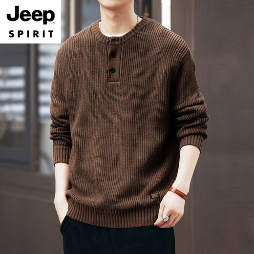
JEEP SPIRIT2024 American retro knitted Henry shirt lazy style autumn and winter thickened vertical striped work pullover sweater men khaki S suitable for 90-110Jin [Jin equals 0.5 kg]