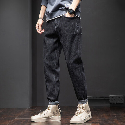 Jeans Men's Spring y Summer Nuevos pantalones elásticos de pierna recta, marca de moda suelta Harren, pantalones casuales 6621 negro 36