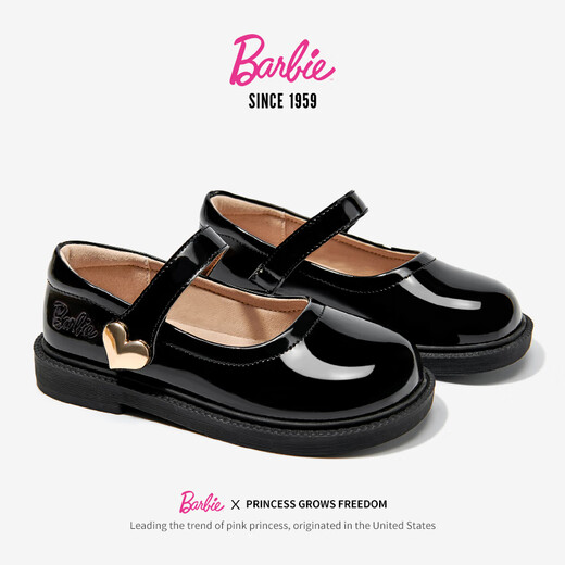 Barbie Children's Shoes Girls Spring and Autumn Single-Leather Small Leather Shoes Student Campus Performance Black Leather Shoes Bright Leather DA6711 Black 38
