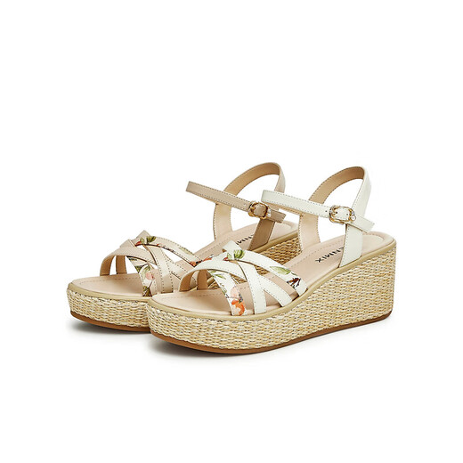 天美意凉鞋女商场同款坡跟文艺编织花朵一字带女鞋