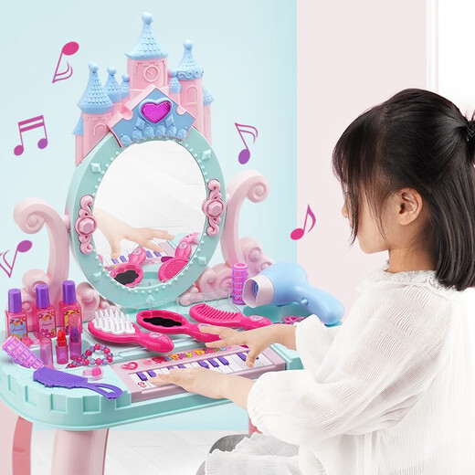 Jie Yintong children's play house toy girl simulation cosmetics accessories princess music dresser set baby beauty makeup castle ice and snow style + stool + sensor door opening full height