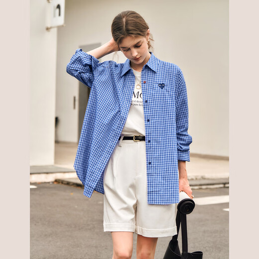 Olrain plaid shirt spring women's loose commuting lazy style MIU shirt tops blue plaid M