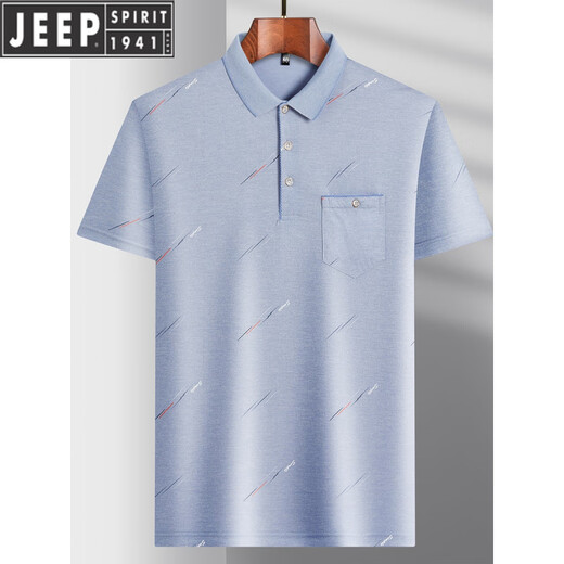 吉普（JEEP）中年男士翻领短袖t恤爸爸装夏季薄款polo衫中老年冰丝半袖上衣男 冰丝-9923 蓝色 真口袋 XL 52/175