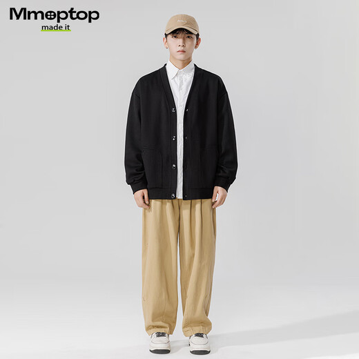 MMOPTOP Japanese solid color sweater long-sleeved men's autumn and winter retro loose V-neck cardigan MT2350 black 2XL