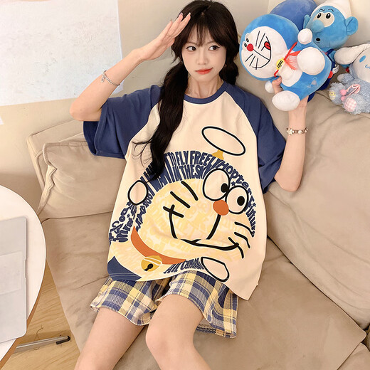 俊俊穗迪美睡衣女夏季纯棉短袖薄款可爱卡通加肥加大码200斤女士家居服套装 短-WB1343条纹芝麻 3XL 加大码（170-190斤）