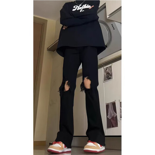 迪伽达纯黑色破洞牛仔裤男修身直筒江浙沪高个子加长裤子高街美式微喇裤 DFFS-723黑色 XL