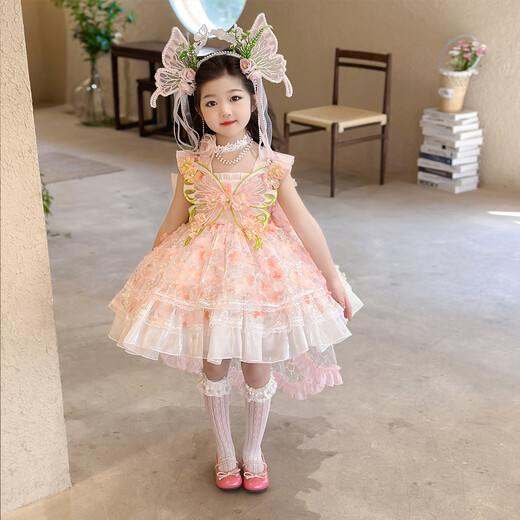 Ant-Patio Girl Princess Lolita Dress 2025 New Summer Children's Flower Fairy Dress Girl's Birthday Dress Pink (6630 Flower Fairy Dress) 150 Recommended for 9-10 years old (height about 145)