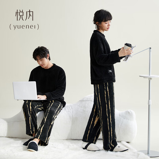Yuenei Couple Pajamas Women's Autumn and Winter Flannel Thickened Coral Velvet Home Clothing Men's Winter Suit 34006 Reef Black Men's 2XL (Male 160-180 Jin Jin equals 0.5 kg / Female 140-160 Jin Jin equals 0.5 kg)
