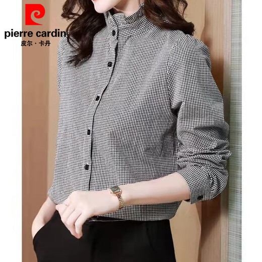 Pierre Cardin black and white plaid shirt women's long-sleeved stand-up collar fungus lace cardigan top Korean style spring and autumn loose bottoming versatile black and white plaid S 75-95Jin Jin equals 0.5 kg