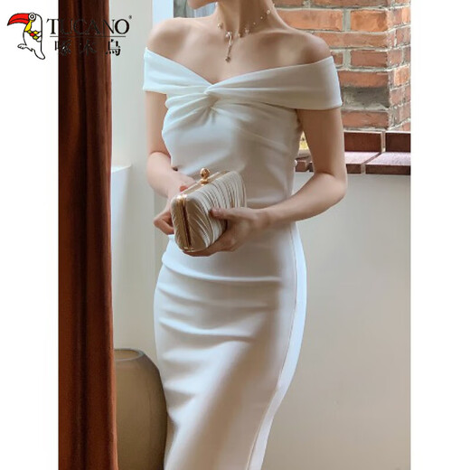 Woodpecker French high-end white one-shoulder dress for women summer wedding engagement bride dressing gown evening dress 2025 white engagement certificate skirt/draped sexy/long S