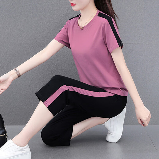 NY-EMMA运动套装女短袖夏季薄款高档洋气显瘦小个子休闲时尚跑步服两件套 683卡其（七分裤套装） 2XL(建议125-140斤)