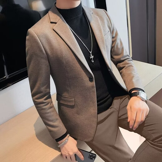 叄南休闲西装外套男士套装秋冬季高级感痞帅韩版修身毛呢小西服上衣厚 灰西服+灰西裤【两件套】 厚款 2XL