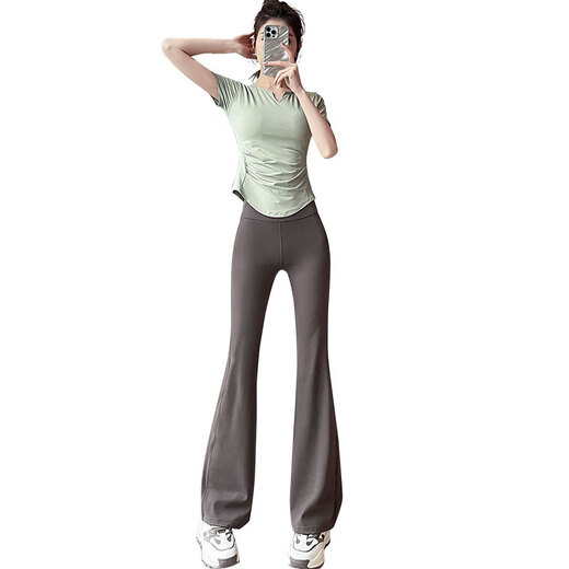 Aimengniao yoga clothing sports fitness suit for women summer new Pilates training clothes running quick-drying clothes micro-flared pants suit light green + tea brown M (refer to bust and waist for size selection)