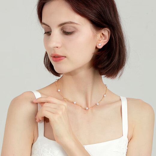 Muqian 18K gold fairy chain Akoya seawater pearls and baby's breath necklace for women neck accessories clavicle chain flash chain 18K gold fairy chain baby's breath necklace 6-