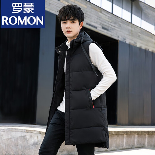 ROMON down cotton vest men's winter mid-length outer wear thickened vest youth thermal vest large size jacket black 815 print 4XL 155-175Jin Jin equals 0.5 kg