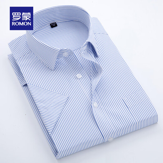 Romon Shirt Herren Sommer kurzärmelig 2025 Dünne Freizeitbekleidung Anti-Falten-freies Hemd Streifen atmungsaktive Cotton Professionelle Jugend D08-3 Blau [1 Stück] 40