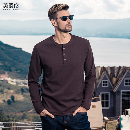 Enjeolon textured henley collar modal cotton stretch bottoming shirt with long-sleeved T-shirt men's bottoming shirt black 185/108A(XXL)